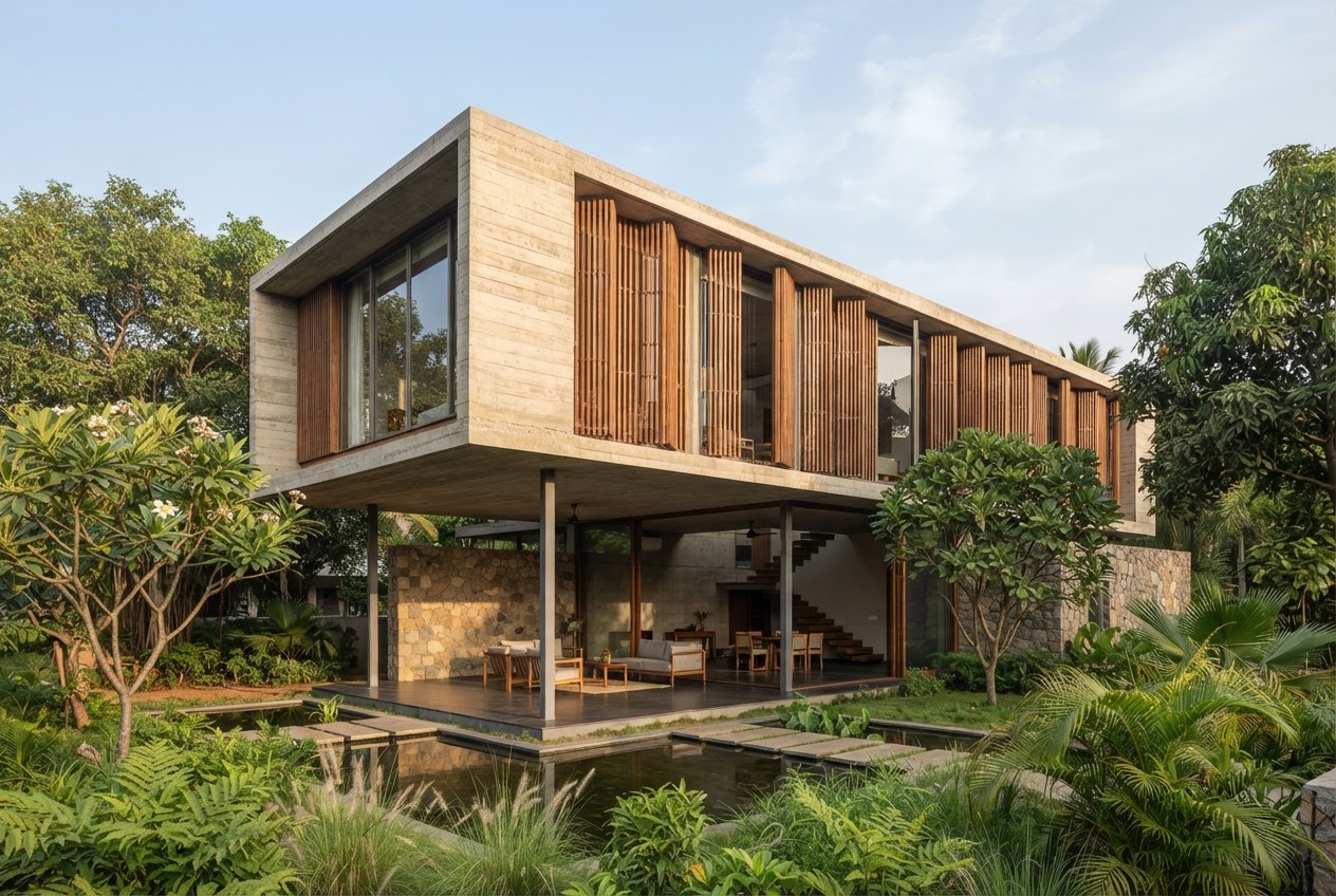 Contemporary timber and concrete home surrounded by a tropical garden