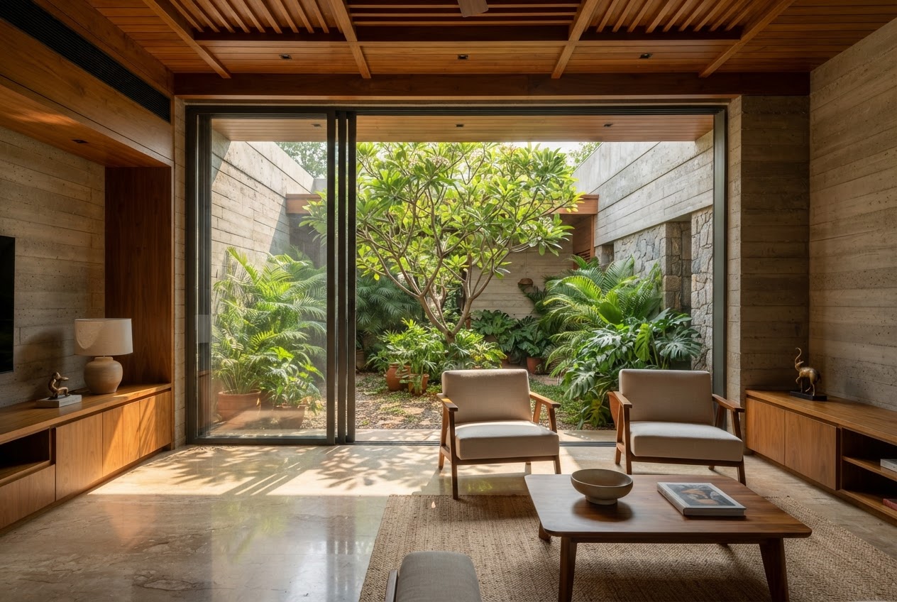 Living space looking onto the lush courtyard