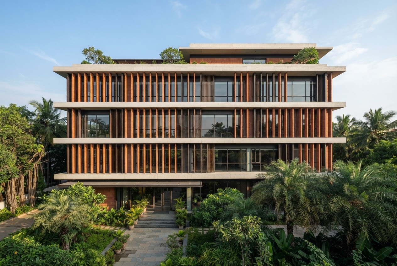 Layered commercial building with glazing and vertical timber fins